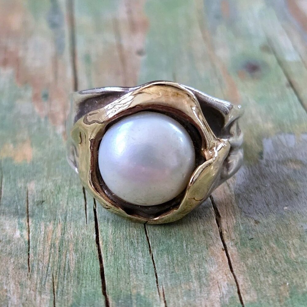 Israel Artisan Brutalist Sterling 14K Yellow Gold White Freshwater Pearl Ring